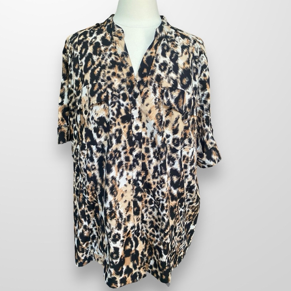 Maggie Barnes Woman's Size 2X Blouse Top Shirt Animal Print Short Sleeve‎ Button